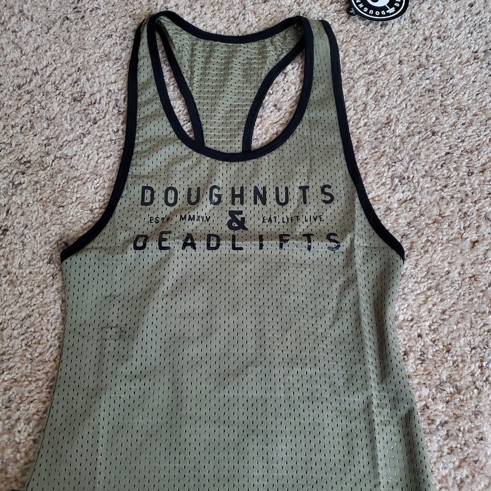 Doughnuts and deadlifts green mesh tank top